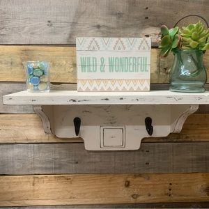 Rustic Off White Wall Shelf with Hooks